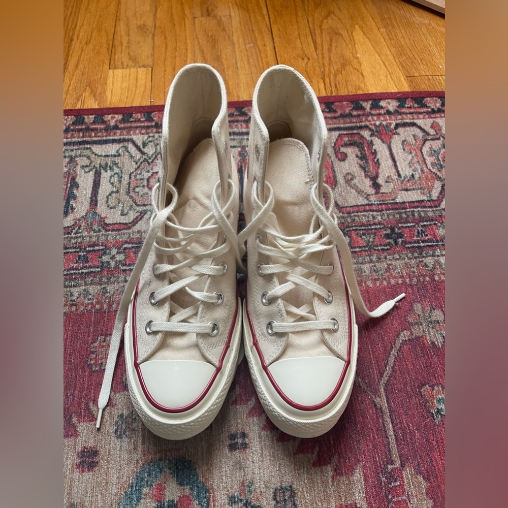 Converse High Top Sneakers in Cream with Red and Blue Accent - Picture 3 of 8